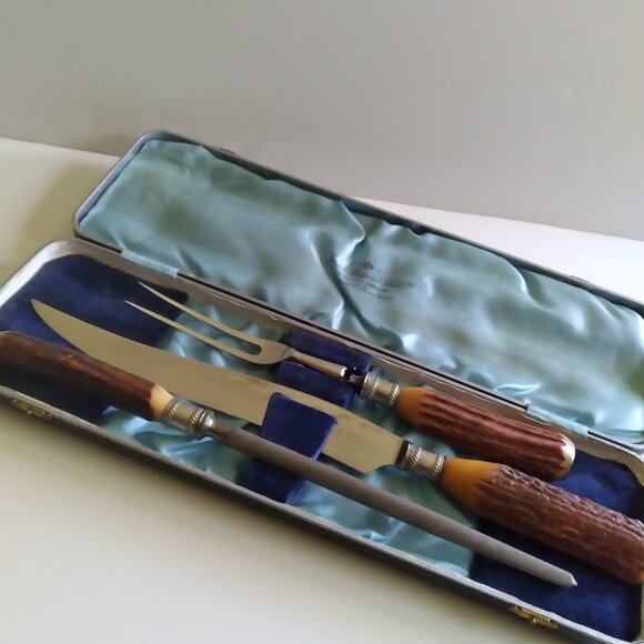 Joseph Rogers & Sons LTD. 3 Piece Carving Set with Elk Horn Handles & Case